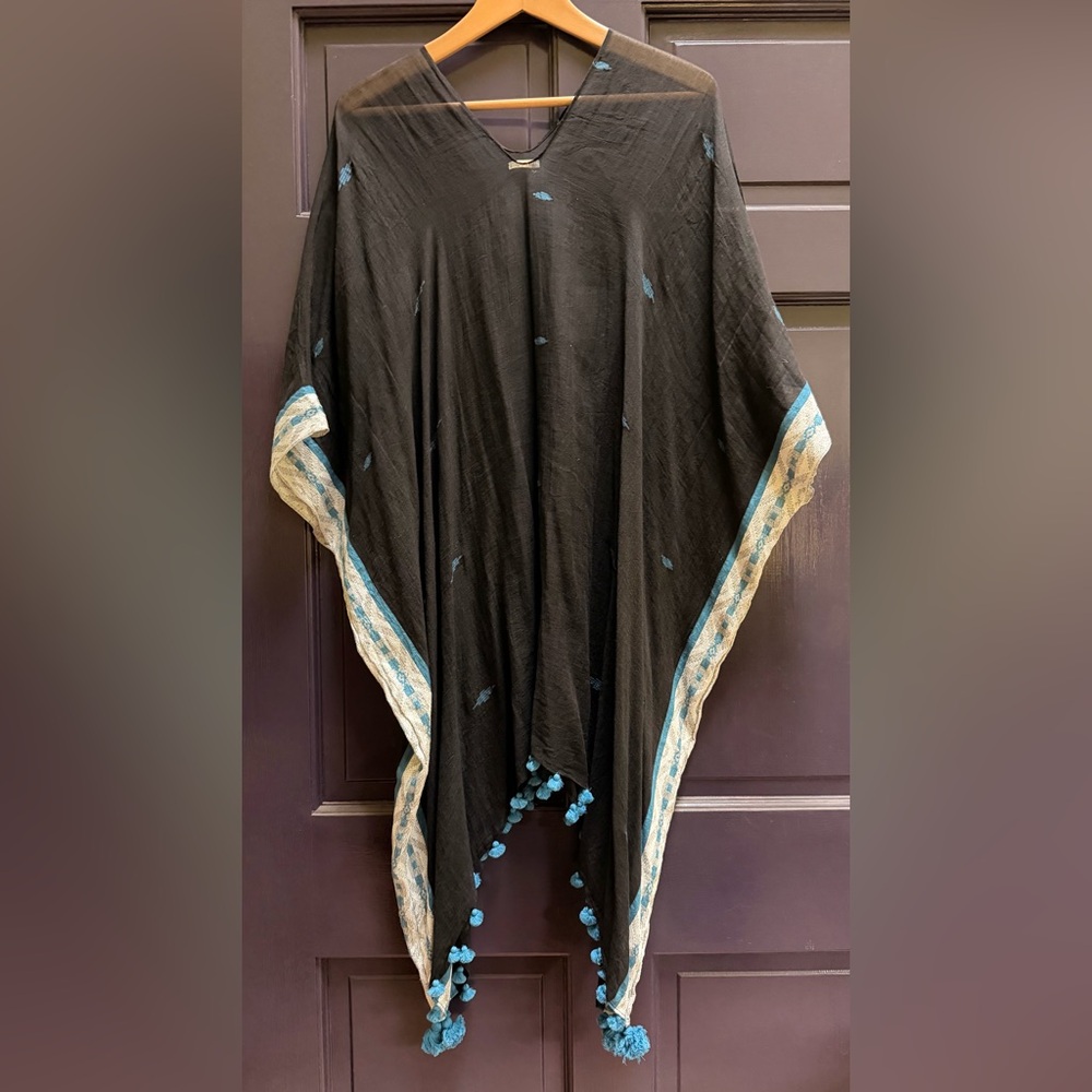 Matta Black Sheer Poncho/Cover Up with Pom Poms